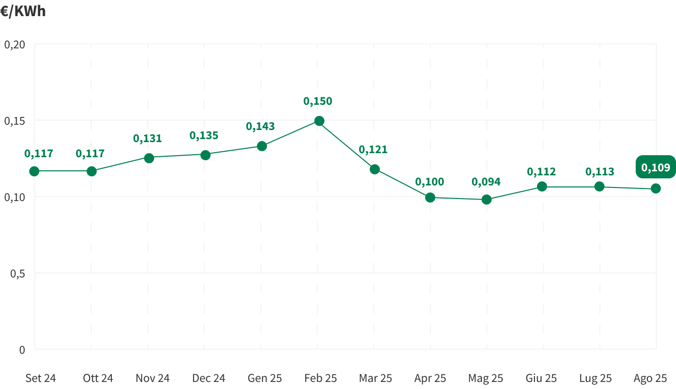 Grafico che mostra le variazioni mensili dell'indice PUN, il prezzo di riferimento dell'energia elettrica all'ingrosso in Italia. Questo indice viene calcolato come una media ponderata dei prezzi delle transazioni giornaliere di energia elettrica.